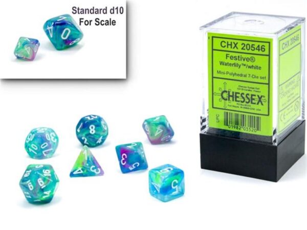 Festive Waterlily/White Mini Polyhedral 7-Die Set